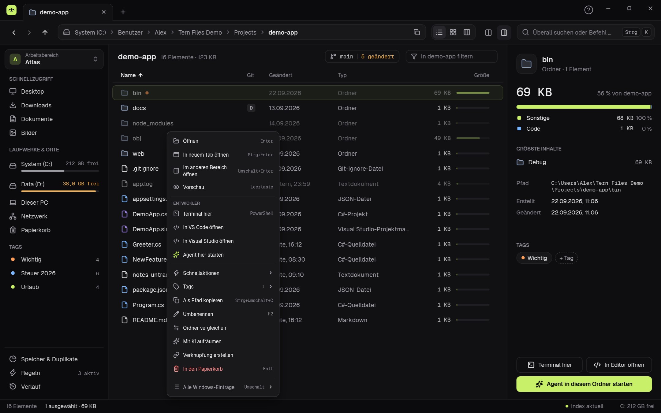 Kontextmenü mit Terminal, Editor und Schnellaktionen